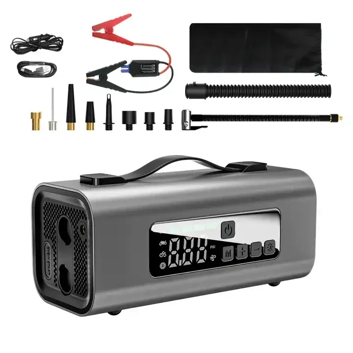 New Portable Safe Car Jump Starter with Air Compressor, Tire Inflator with Digital Screen Pressure Gauge Emergency Light