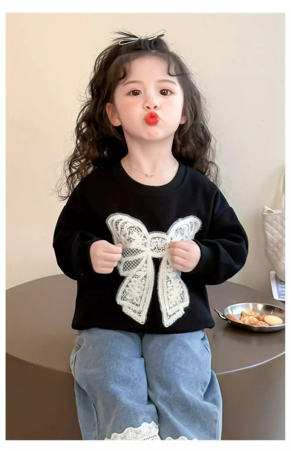 Kleinkind Mädchen Sweatshirt mit Großer Spitze und Schleife Lässiger Baumwoll-Pullover mit Punkten für Kleinkinder Rundhals Langarm Oberteil Kinderkleidung – Detail 17