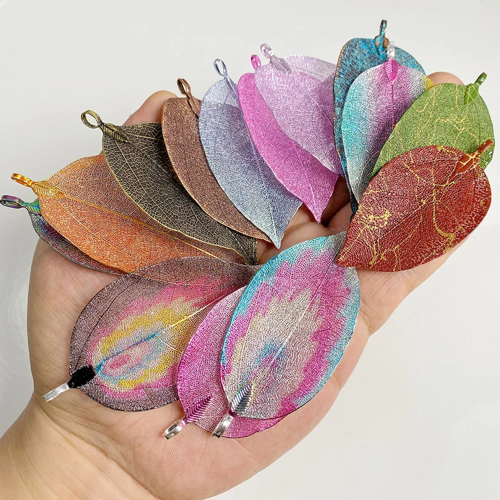 5Pcs Natural Leaf Pendants Colorful Electroplated Hollow Flat Leaves Charms For Making Necklace DIY Jewelry Earrings 40-60mm