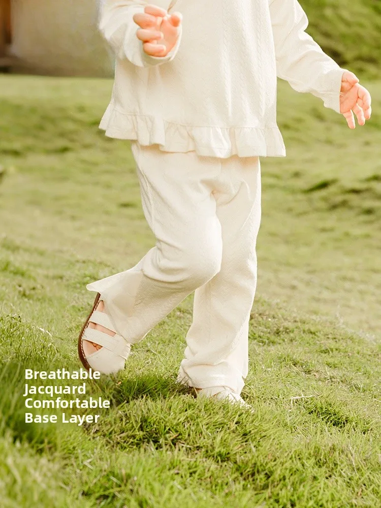 女の赤ちゃんの長ズボンの衣装綿弾性ウエスト刺繍デザイン春秋かわいいレーストリムボトムス子供服