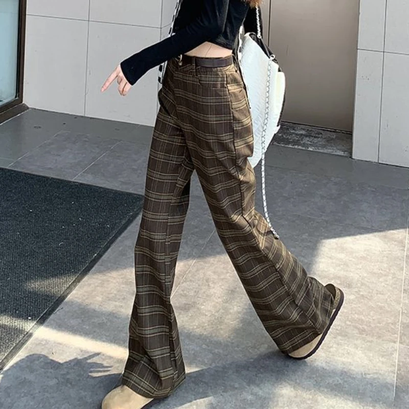 Plaid Pants Women Autumn High Waist Casual Vintage Flare Trousers Hotsweet Personality Fashion Soft Ulzzang Pantalones De Mujer