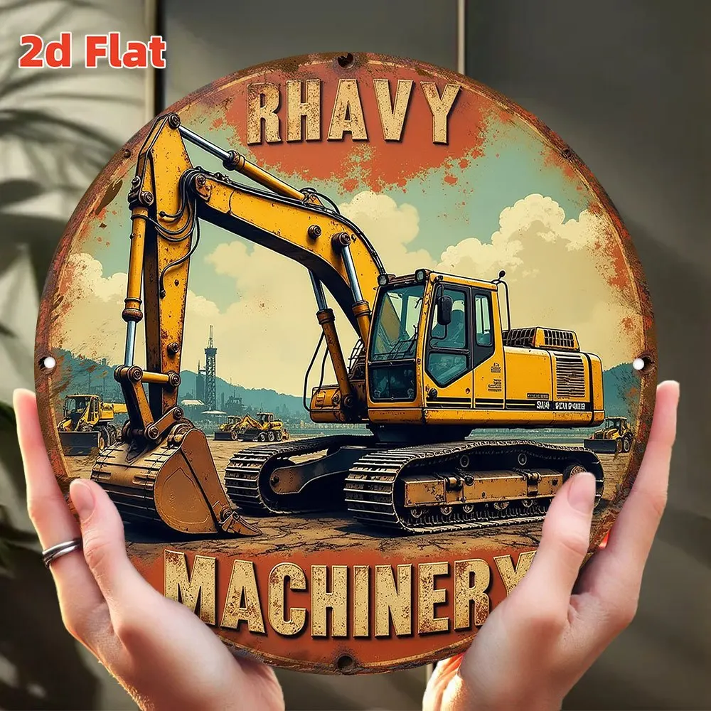 Heavy Machinery Excavator Metal Wall Art -20x20cm  Circular Aluminum Sign with Industrial Texture, Durable Indoor/Outdoor Decor