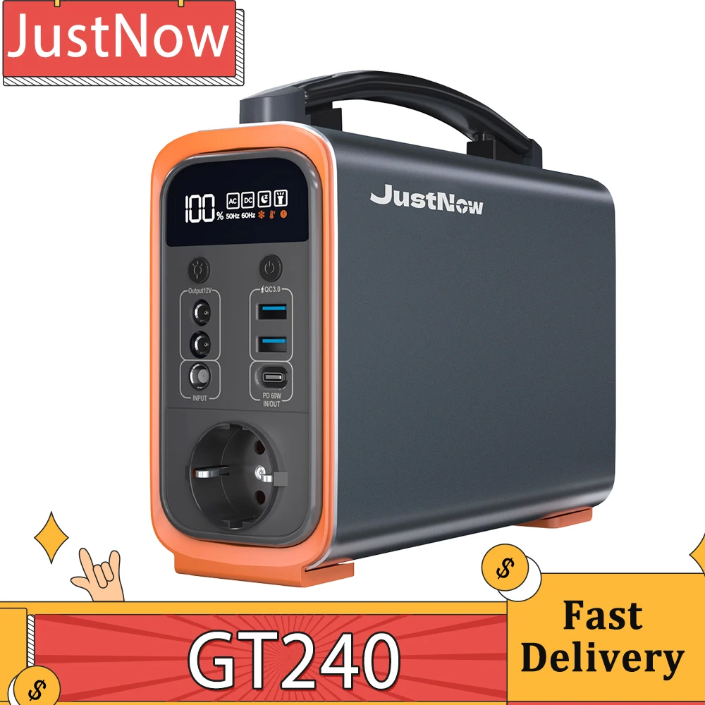 JustNow GT240 240W Portable Power Station, 240Wh LiFePO4 Battery Solar Generator, PD 60W Fast Charging, LED Light, 6 Outputs