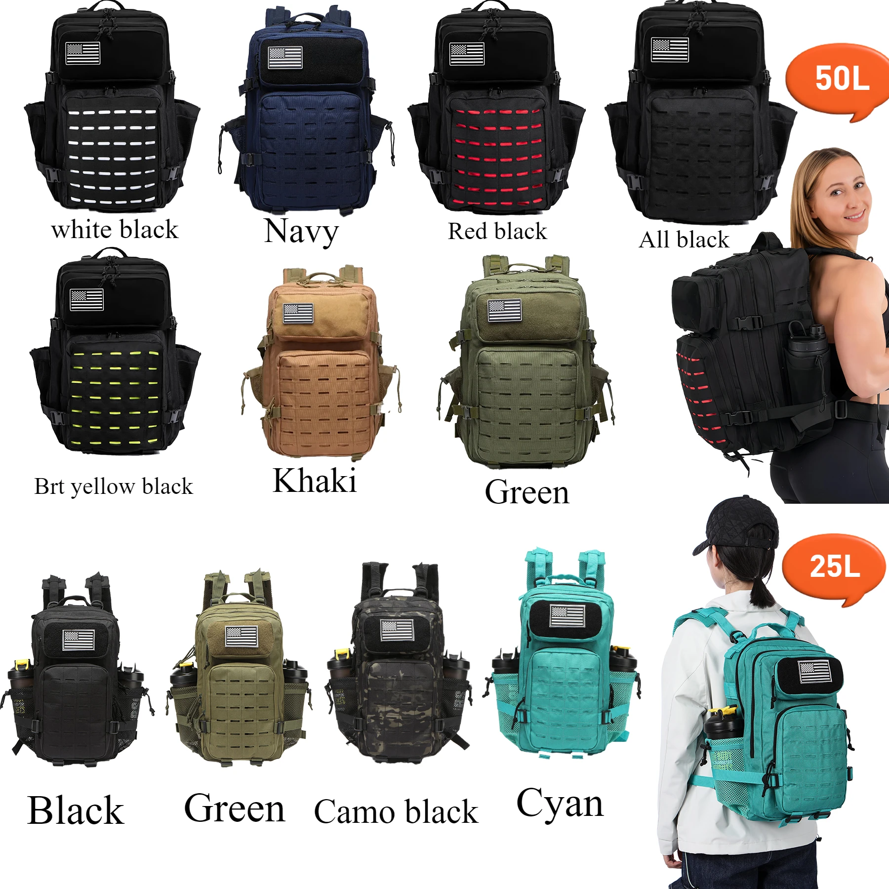 25L/50L Tactical Backpack Bag Hunting MOLLE Backpack GYM For Men EDC Outdoor Hiking Rucksack Witch 2 Bottle Holders