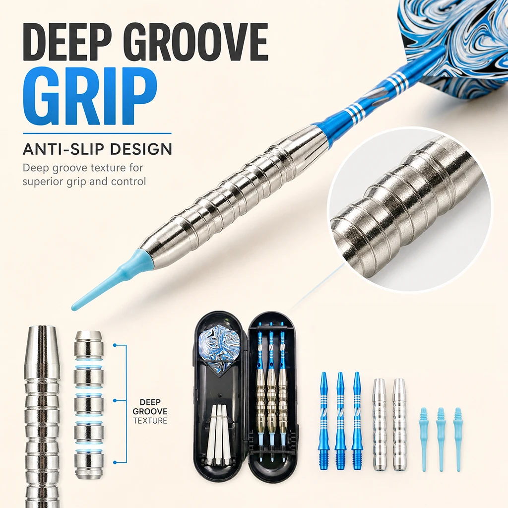 Beginner-Friendly Soft Tip Darts Kit Electroplated Metal Barrel Marbled Flights with Storage Box for Electronic Dartboard Party