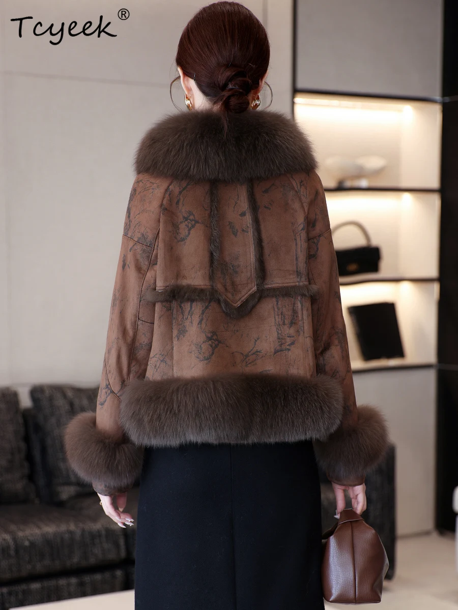 Tcyeek Autumn Winter Rabbit Fur and  Integrated High End Korean Version Fox Fur Collor Brown Women's Fur Coat Fourrures Femme