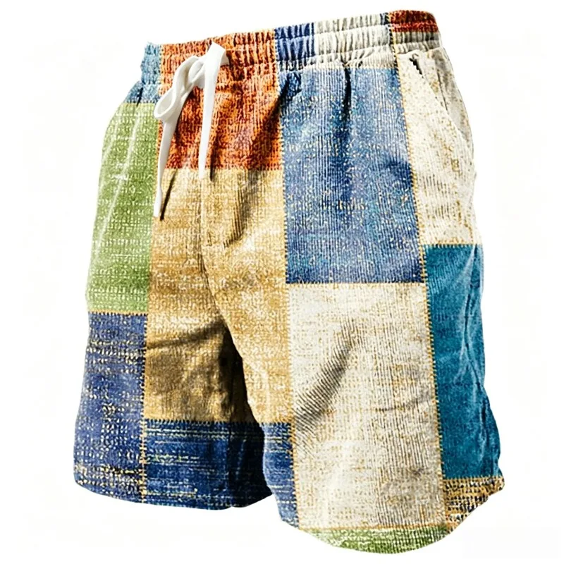 Vintage-style Men's Short Pants with Distressed Color-blocking Square Checks, Suitable for Both Home and Outdoor Wear