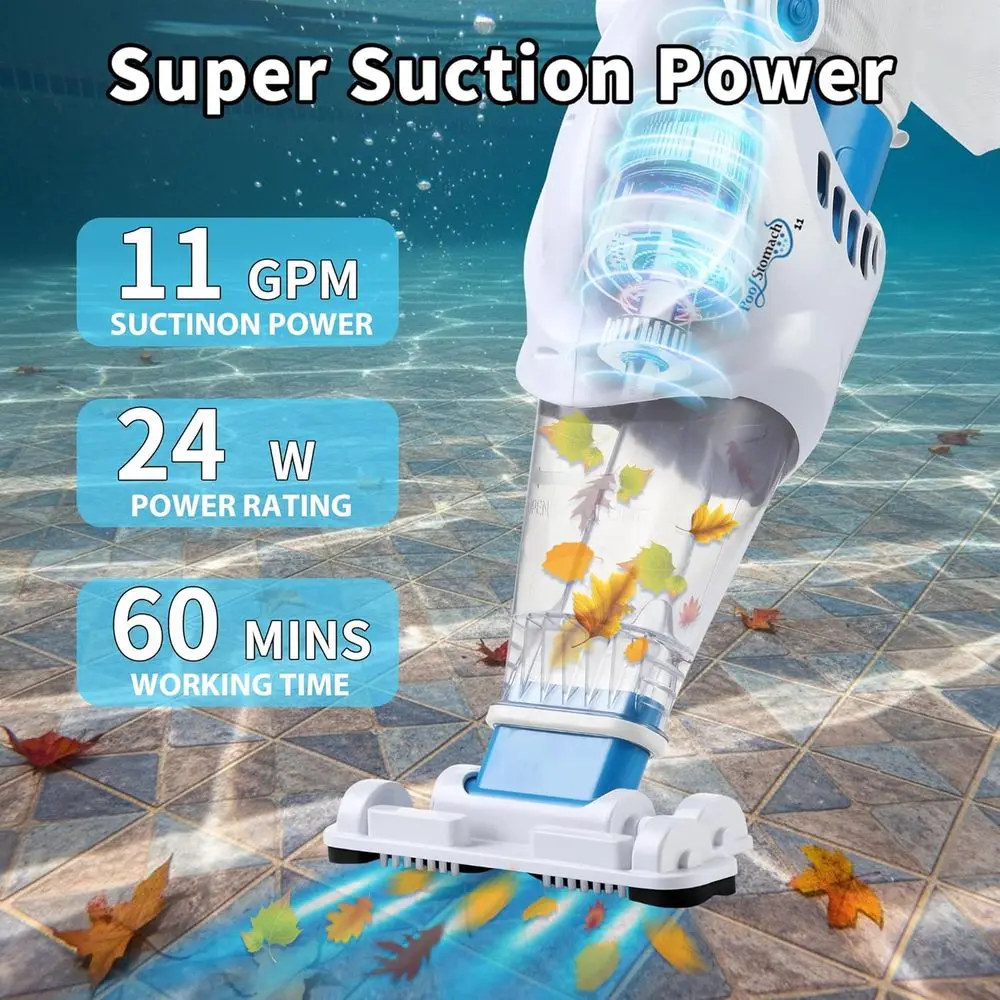 Cordless Pool Vacuum with Telescopic Handle for Above and In-Ground Pools | 60-Min Battery, 11 GPM Suction, Dual Filters