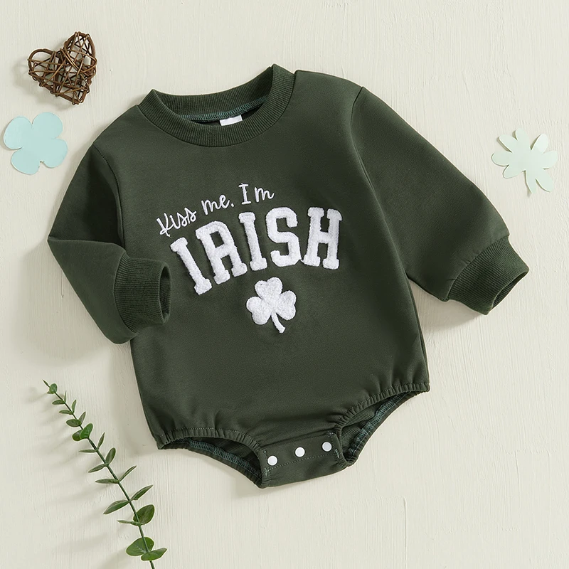 St Patrick s Day Shamrock Print Jumpsuit Infant Toddler Romper Long Sleeve Bodysuit Irish Green Outfit for Baby Boy Girl