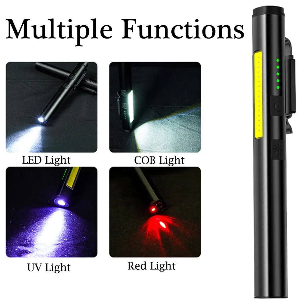 Portable 3Colors LED Flashlight USB Rechargeable Camping Light UV+White+Red Mini Torch Pen Clip Light Pocket Medical UV Penlight