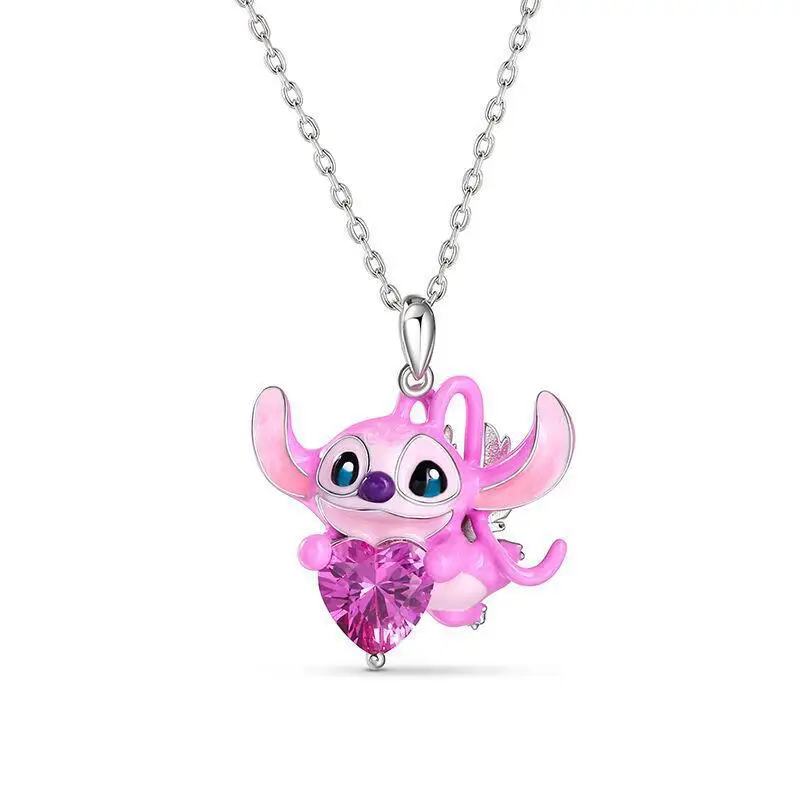 Disney Stitch New Love Necklace Crystal Diamond Cartoon Cute Angie Cupid Archery Dripping Oil Couple Necklace Holiday Gifts