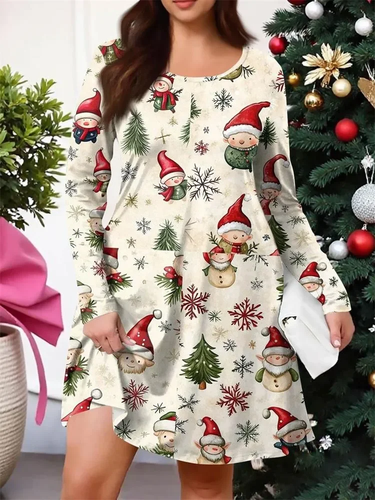 بالإضافة إلى حجم شجرة عيد الميلاد ندفة الثلج 3D طباعة فساتين الشتاء أزياء المرأة طويلة الأكمام جولة الرقبة فستان فضفاض عارضة أحجام كبيرة #6