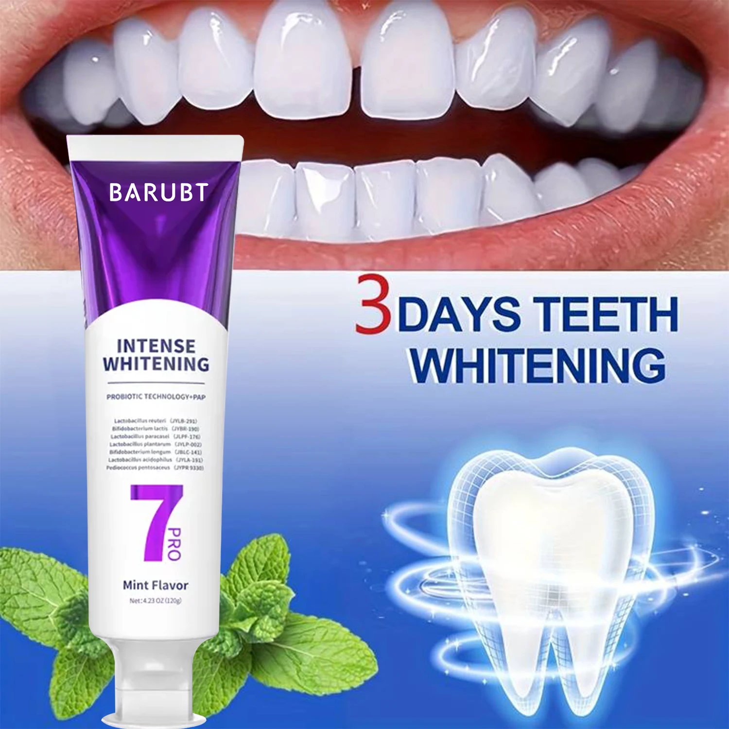 7D Probiotic Advanced Whitening Toothpaste Deep Cleansing Mint Flavor Brightens Smile and Freshens Breath