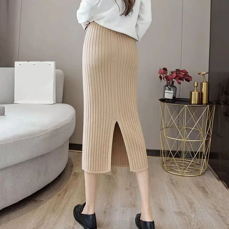 Lucyever Black Gray Knitted Skirts for Women Autumn Winter High Waist Straight Long Skirts Female Korean Slim Fit Bodycon Skirt