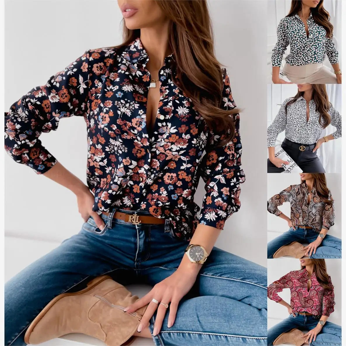 女性の長袖プリントシャツ春秋冬新スタイル綿ポロ襟インナーウェアカジュアルファッション中国ブランド