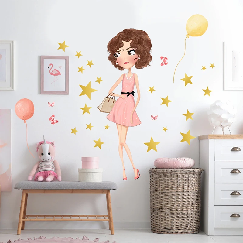 Cartoon Handdrawn Girl Star Bedroom Living Room Children's Room Decoration Removable Wall Stickers