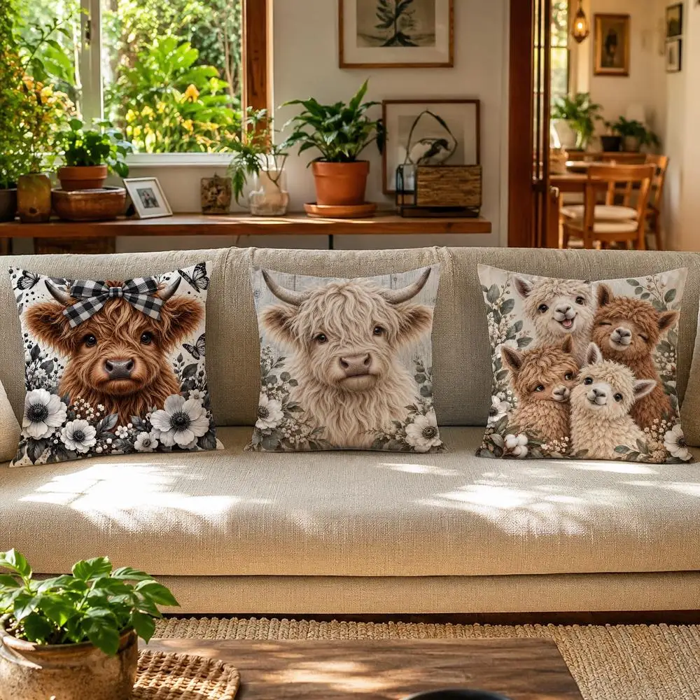Cute Cow & Alpaca Cushion Cover Skin-Friendly Organic Linen Pillow Cover Durable Hypoallergenic Washable Soft