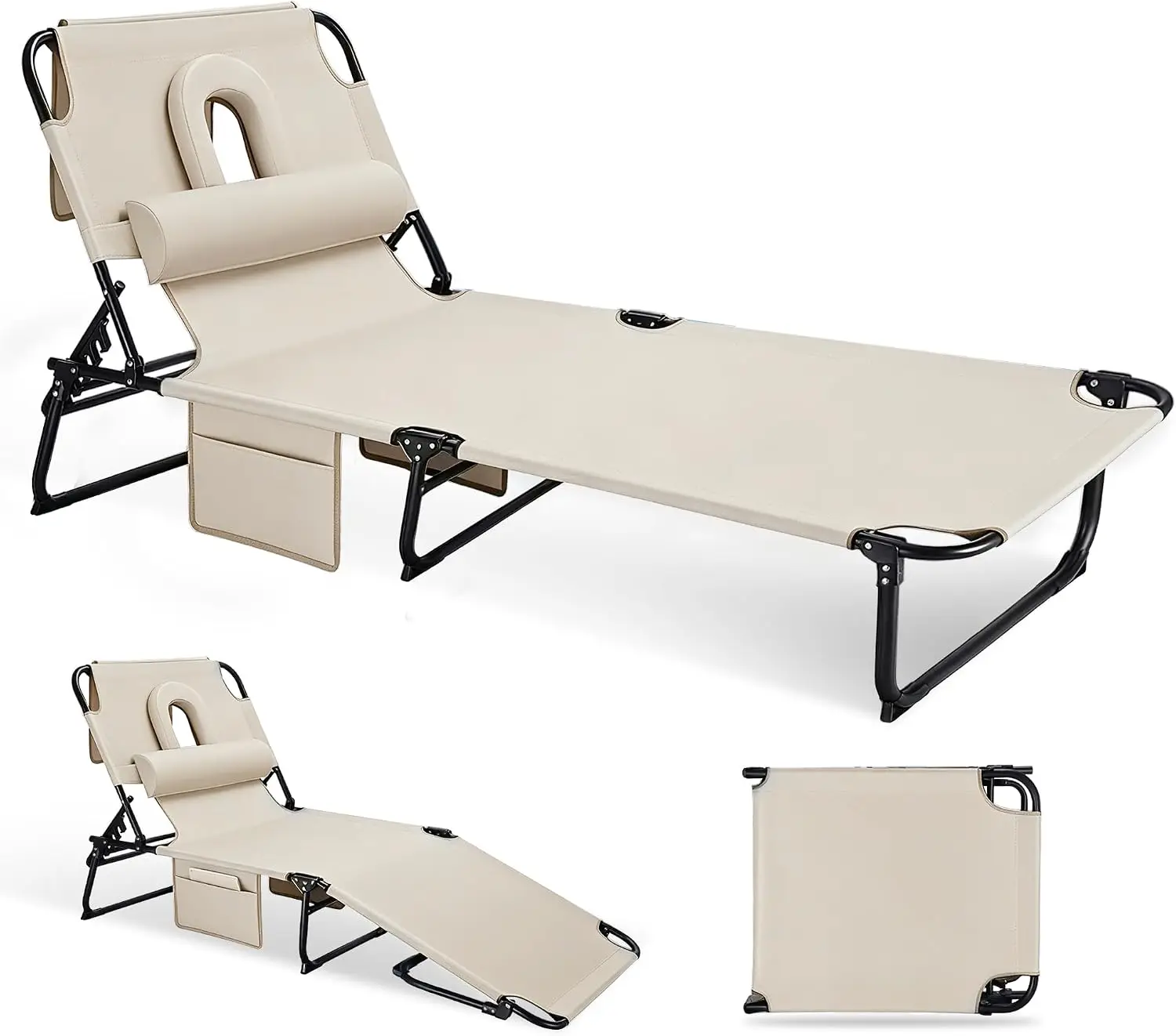 3 In 1 Sun Tanning Chair Face Holes Folding Chaise Lounge 5 Position Adjustable Outdoor Side Pocket Pillow Pool Beach Patio Camp