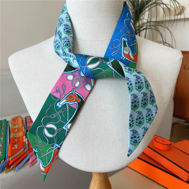 100% Silk High Quality Luxury Brand Scarf Women Headband Hair Band Foulard Tie Ribbon Neckerchief Skinny Scarves Accessories