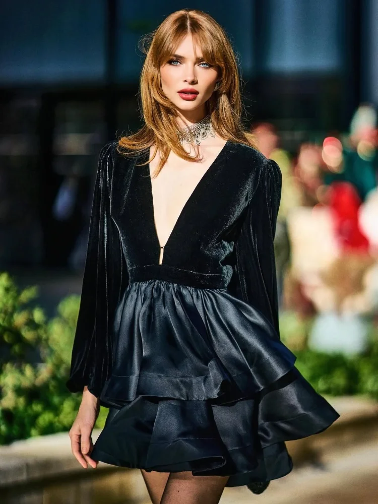 

Elegant Solid Color Velvet Deep V-neck Pleated Dress Women Full Sleeved Cinched-waist Mini Vestidos Lady Evening Party Dresses