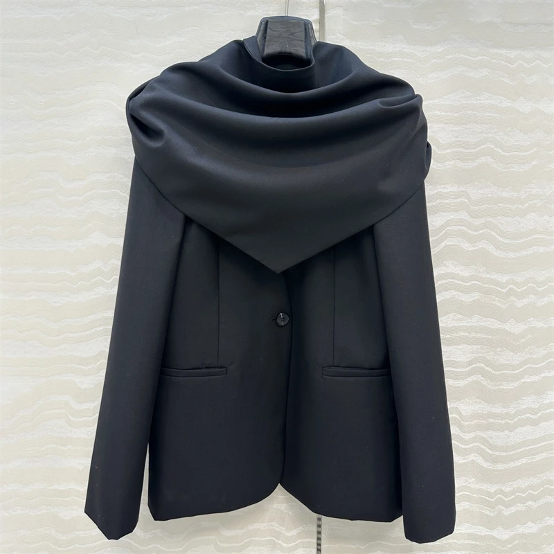 سترة نسائية جديدة لخريف 2025 وياقة وشاح بقصة ضيقة وأكمام طويلة مزيج من الصوف بدلة نسائية سترات للنساء معطف y2k