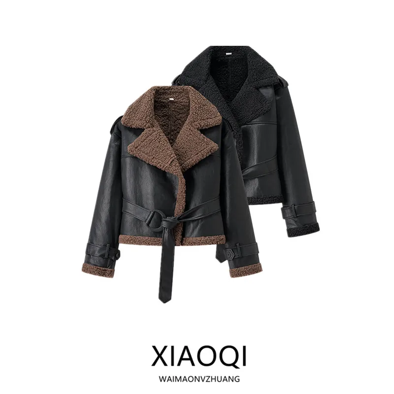

Fall 2025 Women's Loose Long Sve Leather Fur Inteated Commute Sle Coat Ele Versatile Outerwear for Ladies