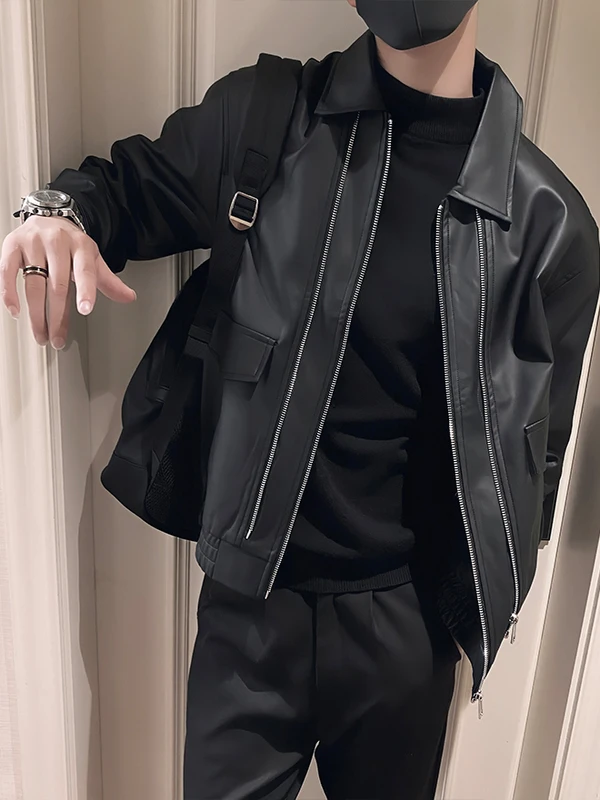 

Повседневная шикарная мужская кожаная куртка Jaet Long Sve с воротником-стойкой, универсальная верхняя одежда против морщин, стандартная посадка для подростков, подходит