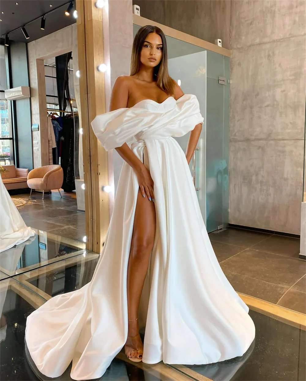 Kyoto Customized White Off Shoulder Heart Collar Wedding Dress Side Split vestidos de novia Long Train A-line Formal Evening