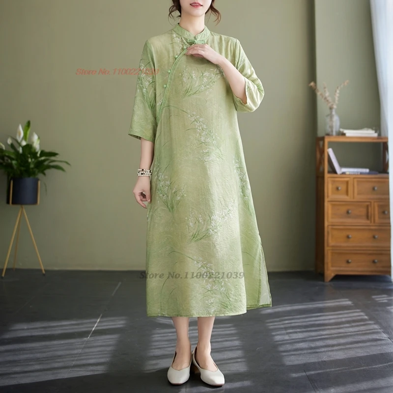 2025 chinese vintage cheongsam dress traditional flower print cotton linen dress qipao oriental ethnic dress folk a-line qipao