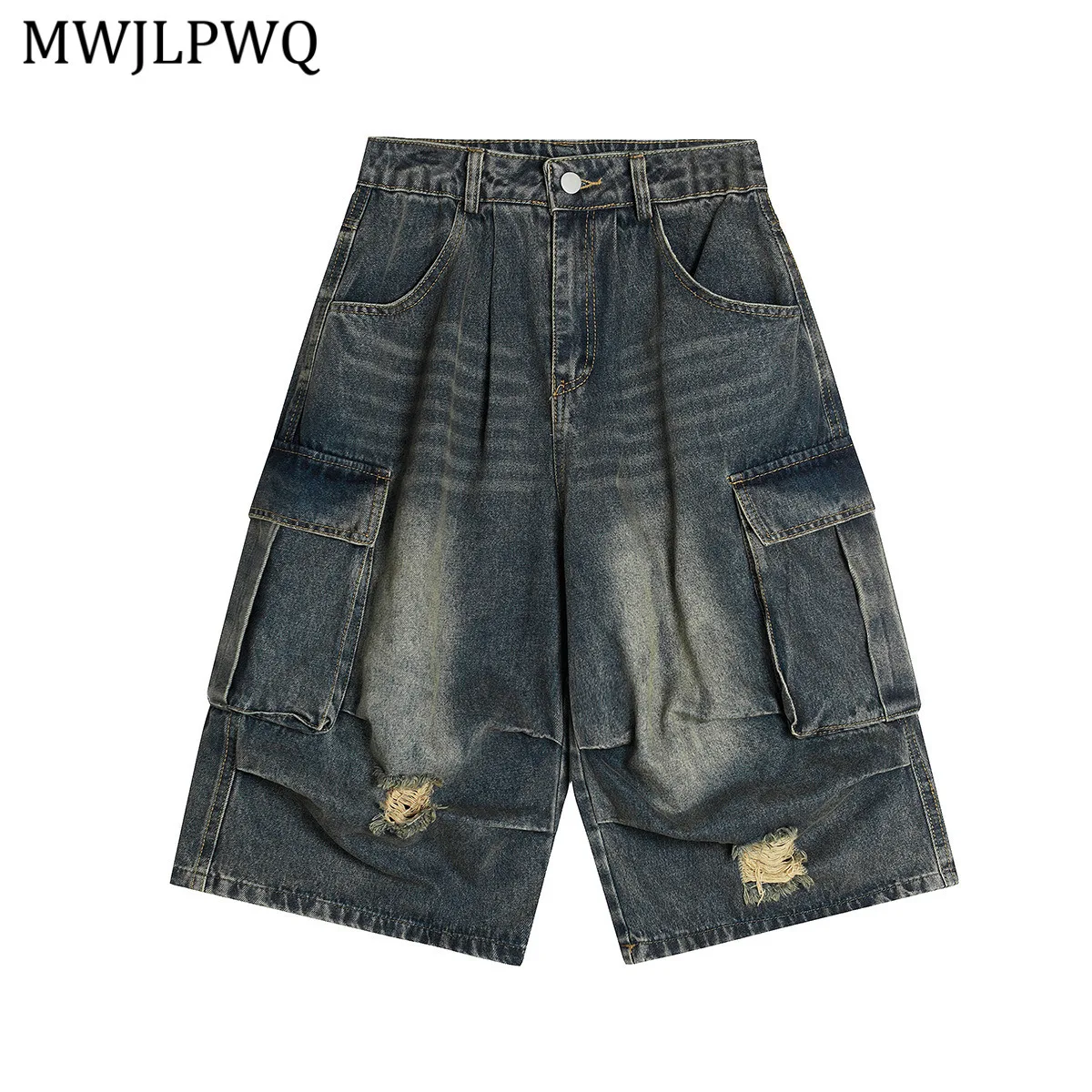 

MWJLPWQ Ripped Denim Summer Shorts Men's American Style Washed Pleated Design Side Pocket Loose Cargo Five Pants Tide New 20933