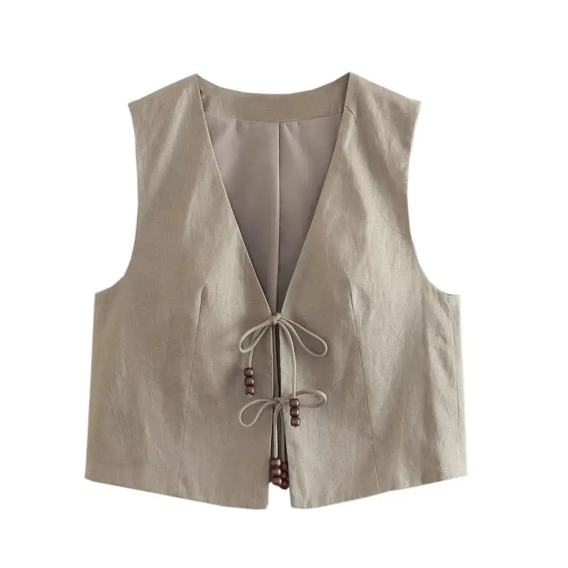 Ceco de lino con cuello en V y cuentas para mujer, joyería Retro de moda de verano, orme de estudiante de tela de poli...