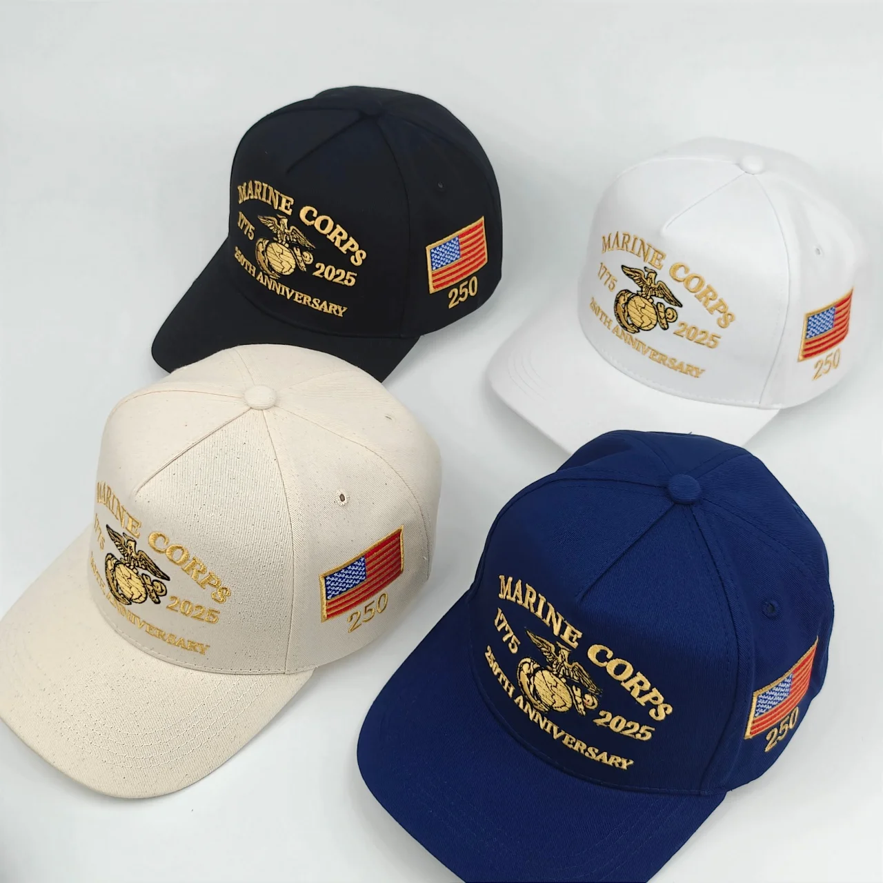 Boné de beisebol oficial do Corpo de Fuzileiros de Marinha dos EUA 250o aniversário - tricotado com padrão de logotipo 1775 - 2025, decorado com o americano f