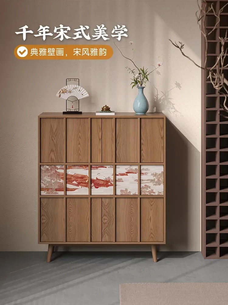 HT solid wood side cabinet, new Chinese-style chest cabinet, shelf display, integrated entrance cabinet against the wall