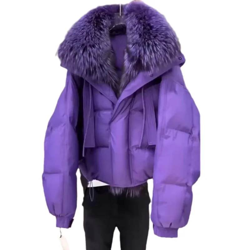 2025 Winter New Korean Version of Purple Hooded Fur Collar Cotton Jacket Loose Slimming Jacket