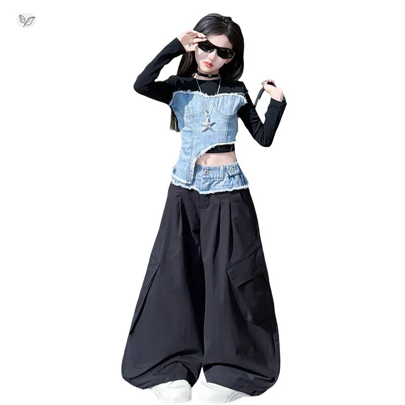 

Girls' Suit Spring 2026 New Korean Style Middle and Older Children Denim Spliced Top Overalls Two-piece Casual Daily Outfit Set