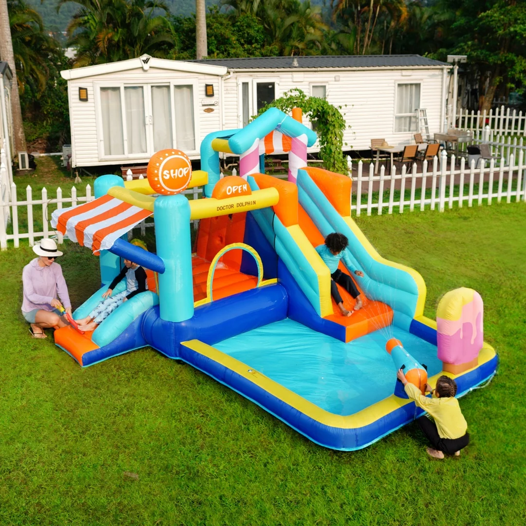 Château gonflable pour enfants, parc aquatique extérieur + trampoline, toboggan aquatique, petit toboggan, fontaine, pistolet à eau, auvent d'ombrage