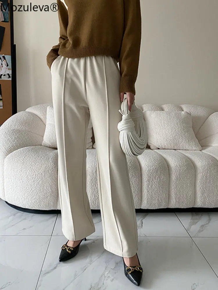 Mozuleva Women Winter Woolen Pants Autumn High Waist Straight Long Pants Female Streetwear Trouser Full Length Wide Leg Trousers