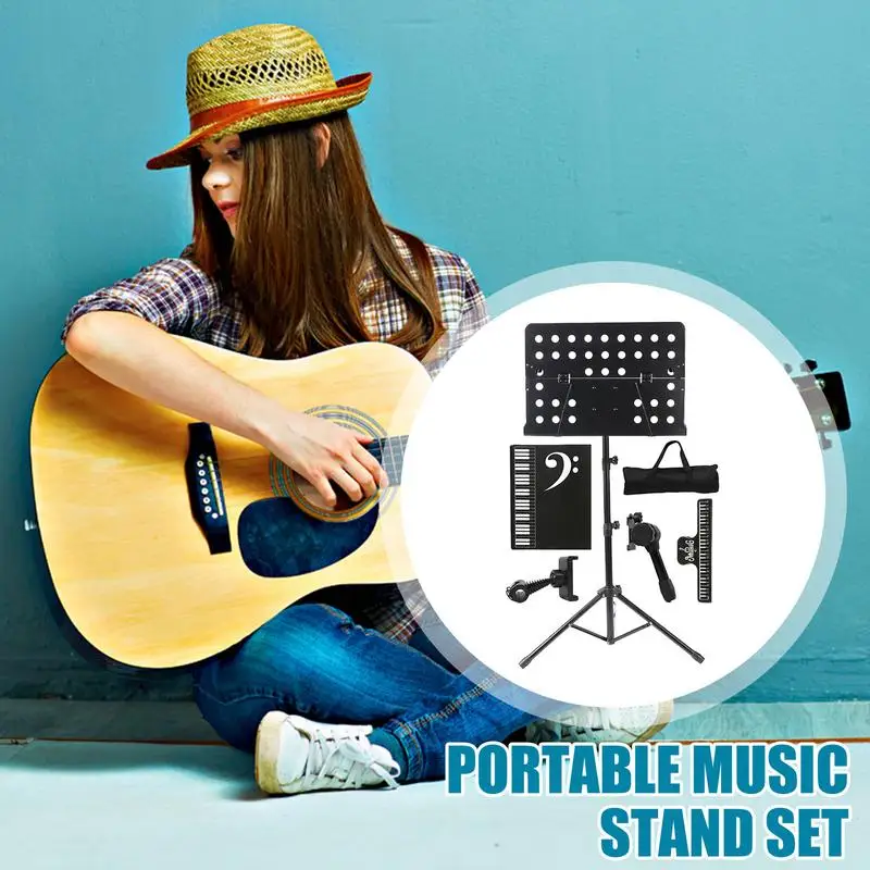 Portátil Foldable Metal Music Stand com saco conjunto, ajustável, suporte alto música, guitarristas, 35-55"