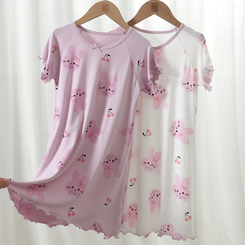 

3-18 Years Nightwear Home Wear Four Seasons Sleepwear Viscose Cartoon Rabit Long Sleeve Purple White Girls Nightgown Nightdress