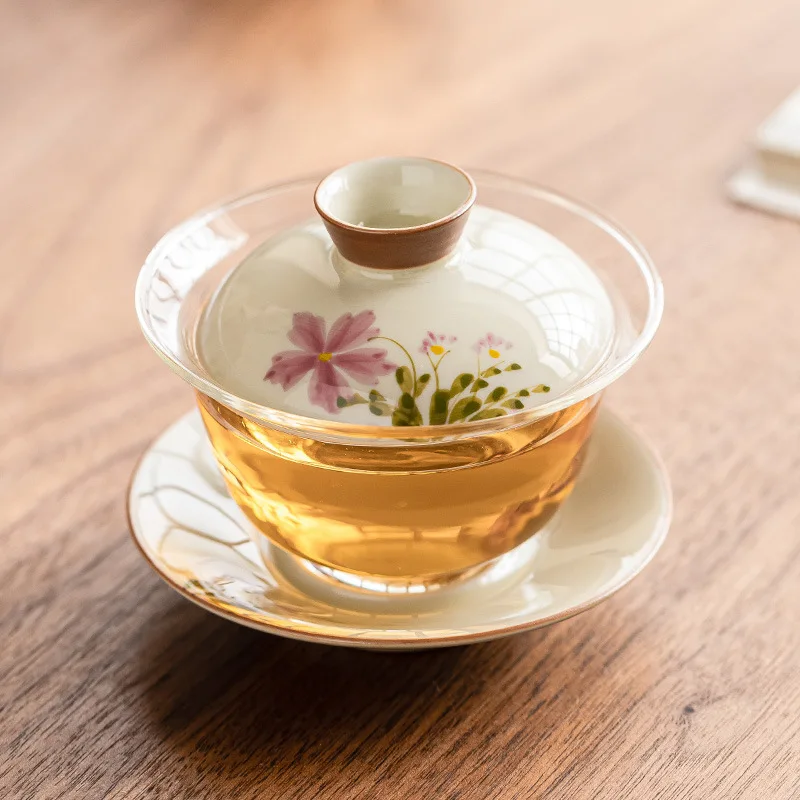 

Hand-painted Small Daisy Glass Three-talent Covered Bowl Tea Cup Large Non-scalding Ceramic Kung Fu Tea Set Tea Bowl with Lid