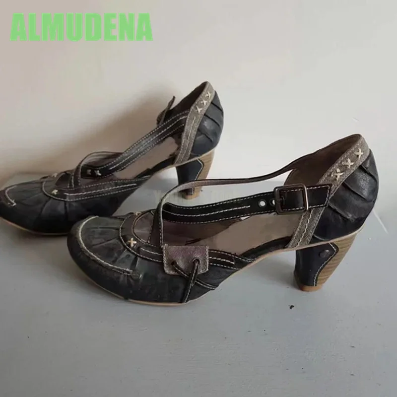 

Embroidered Pleated Metal Belt Buckle Single Shoe Fashionable Round Toe Thick Heel One Foot Kick One-Piece Buckle High Heels