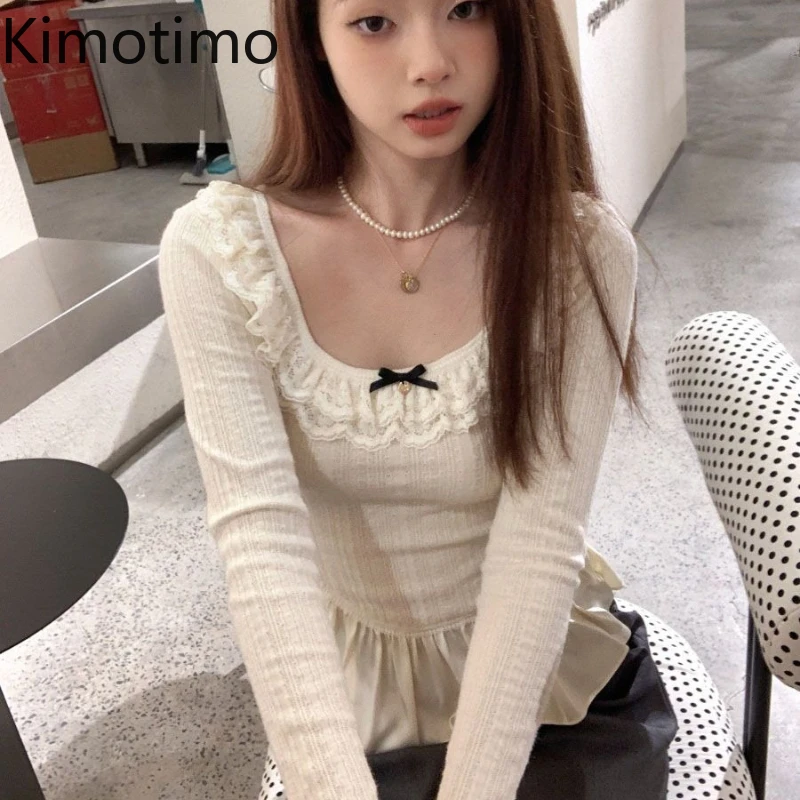

Kimotimo 2025 Autumn Sweet Bow Knitted Crop Tops Women Lace O-Neck Slim Fit Ruffled Patchwork Pullover Long Sleeve Y2k Sweater