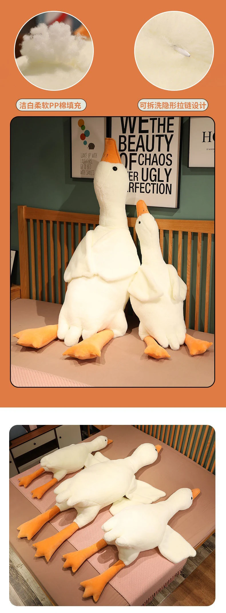 50–190 cm großes weißes Gans-Plüschtier, weiches Stofftier, riesiges Entenkissen, sehr großes weißes Gans-Sofakissen, Mädchen-Geburtstagsgeschenk – Detail 3