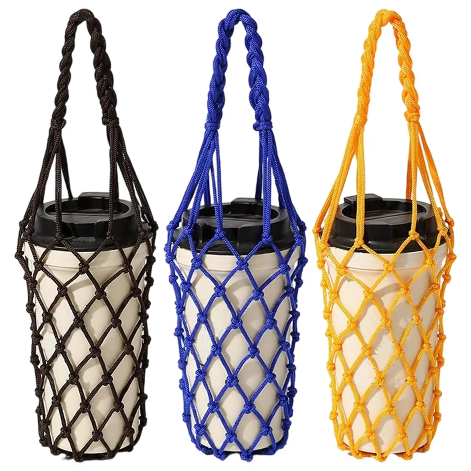 Water Bottle Bag Crochet Mesh Cup Carrier Insulated Sleeve Handheld Purse Outdoor Camping Hiking Travel Picnic Running Beach