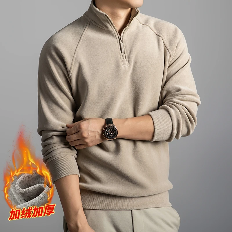 High-end Semi-high Neck Zip-Up Sweatshirt for Men Fleece-lined and Thickened 2025 New Autumn/Winter Warm Long Sleeve Top for Men