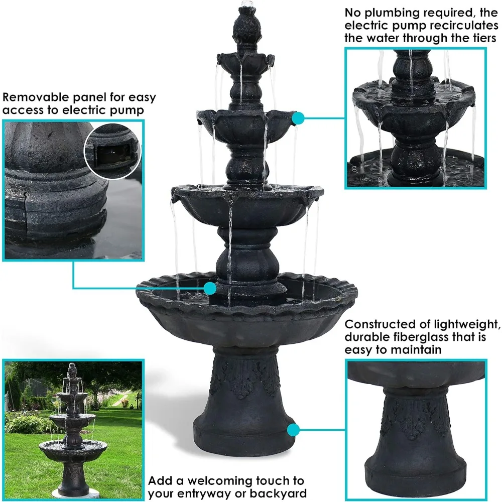 4-Tier Pineapple Outdoor Water Fountain for The Patio, Yard, or Garden - 52-Inch H - Black