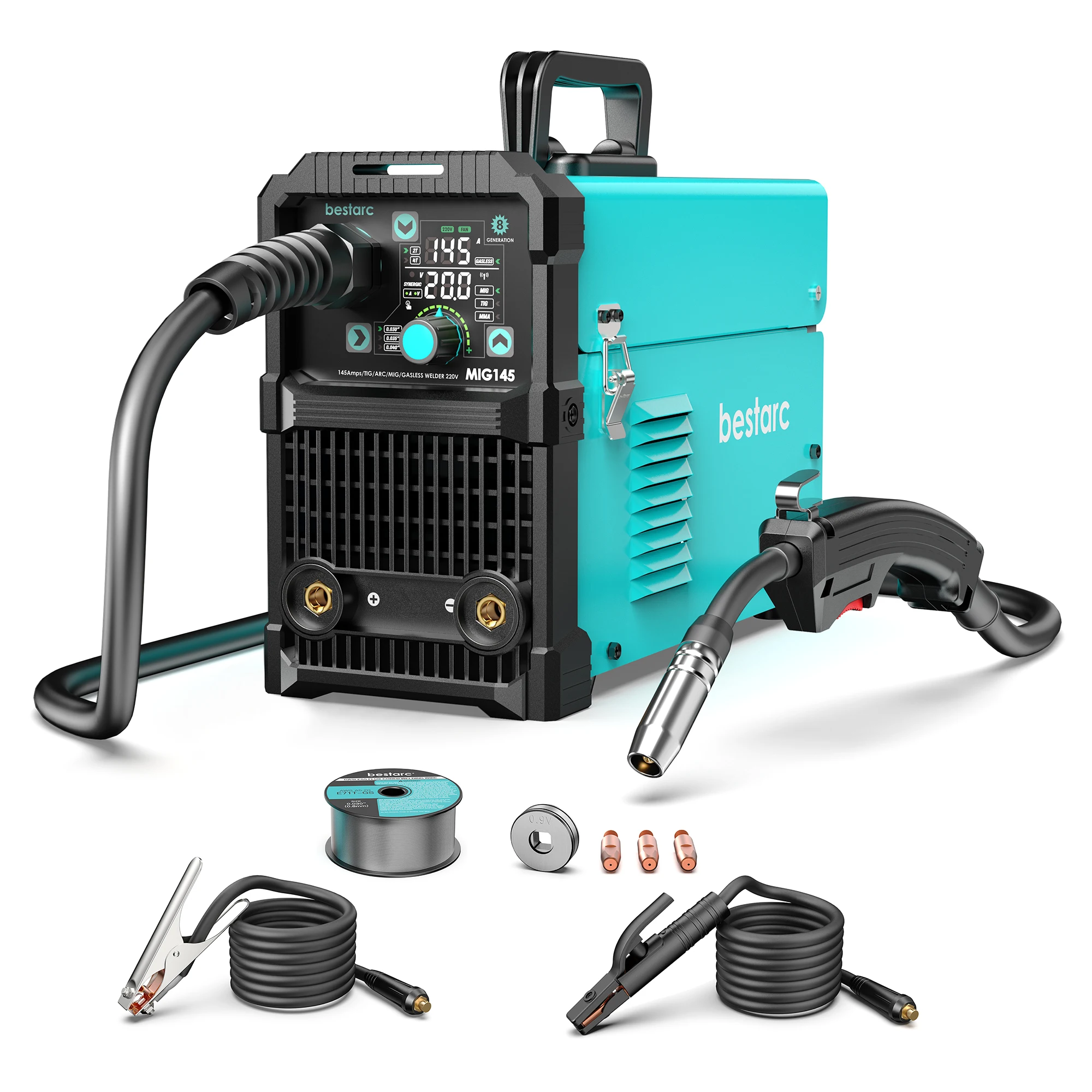 Bestarc MIG145 MIG-lasapparaat 220V 145Amp 4-in-1 lasmachine, gas & gasloos MIG / Lift TIG / elektrode lassen, digitaal LED-display