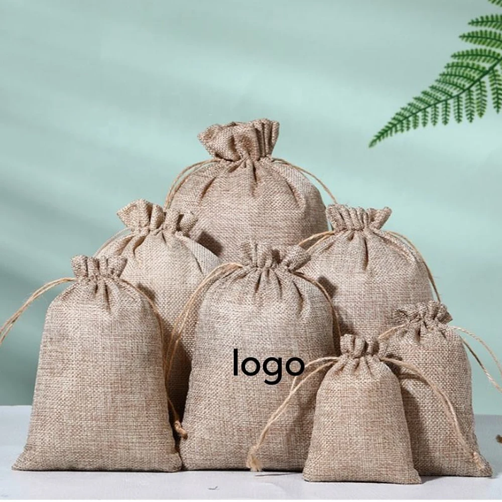 

Custom Logo Linen Bags Organic Reusable Durable Burlap Jute Cotton Gift Bags With Drawstring for Jewelry Necklace Bracelet Soap