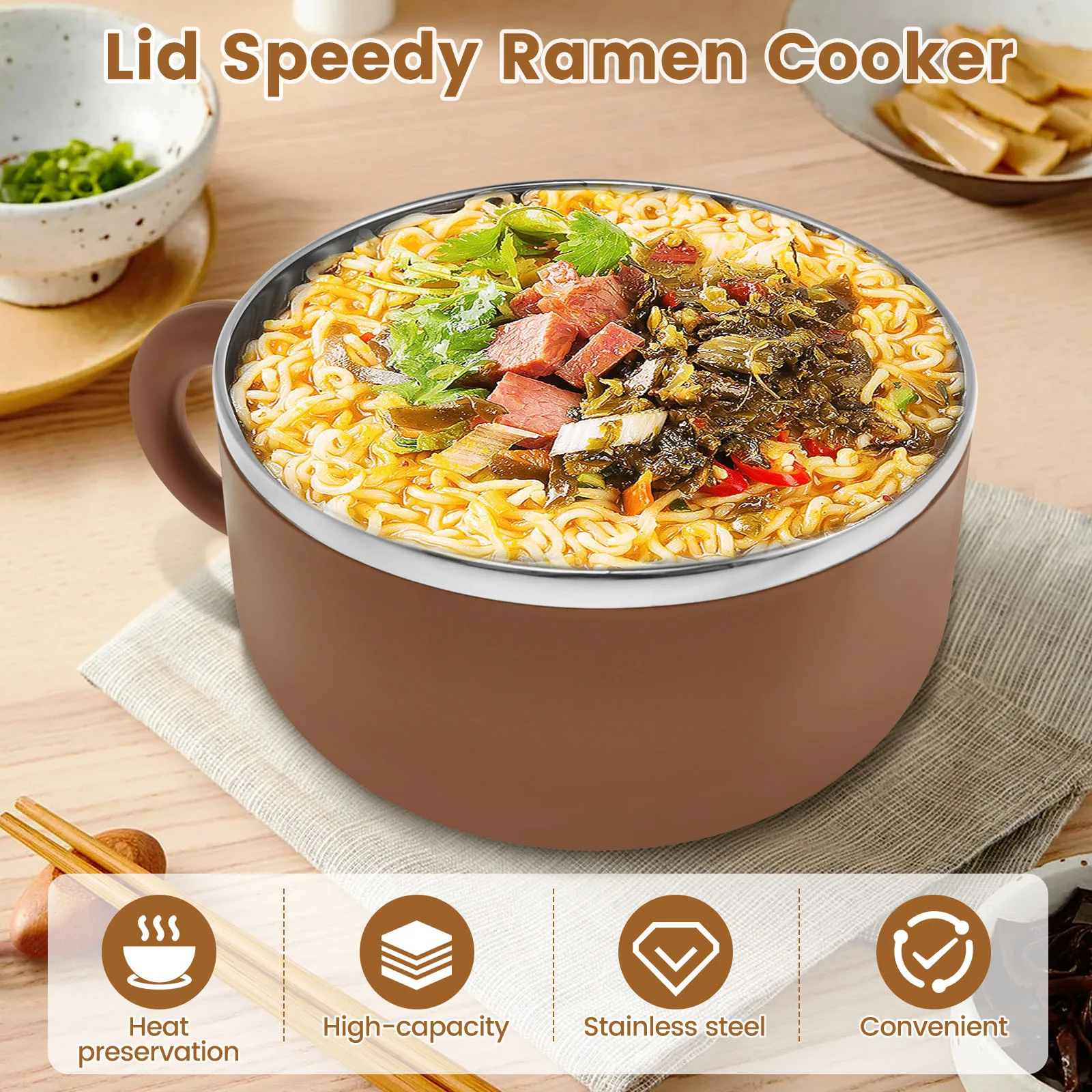 1200ml Ramen Bowl with Lid Sealed Ramen Cooker Bowl with Handle and Fork Insulated Noodle Bowl Practical Instant Serving Bowl wi