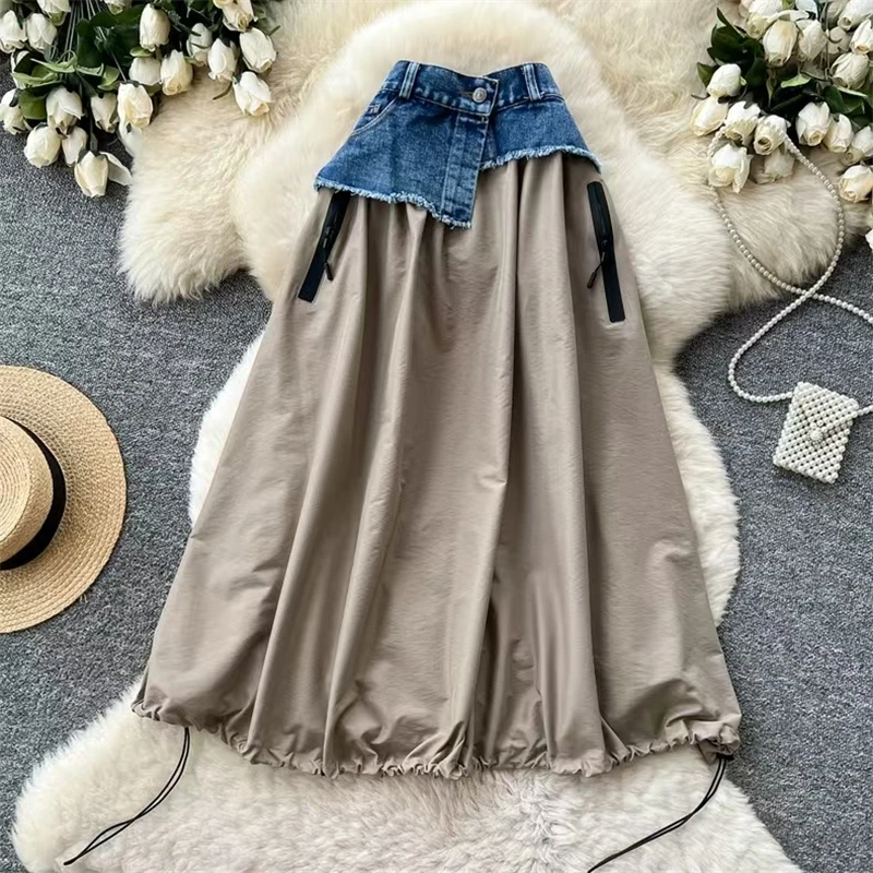 

New Niche Design Women Denim Patchwork Khaki Midi Skirt Asymmetrical Waist Drawstring Hem Bubble Skirt Zipper Pockets SK8003